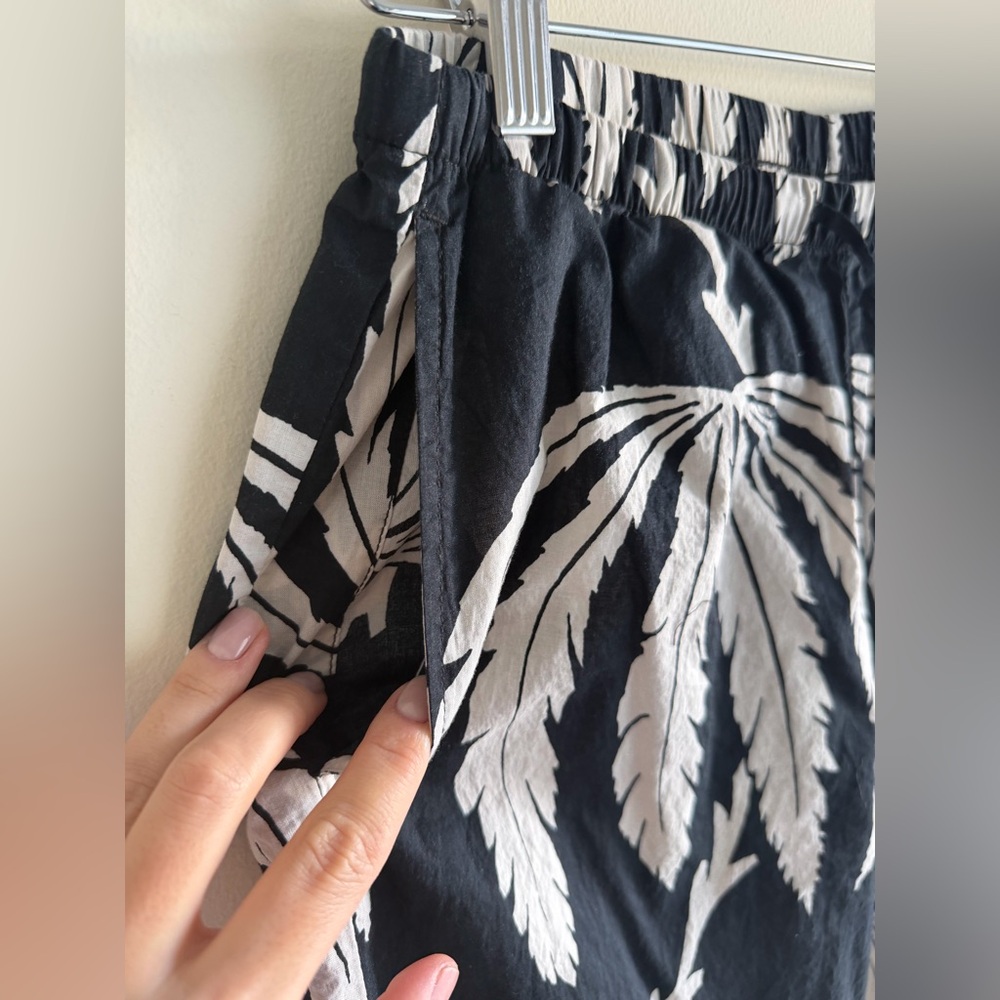 H&M Black Palm Print Wide Leg Pants Small Cotton Drawstring Semi Sheer Resort - Picture 9 of 13
